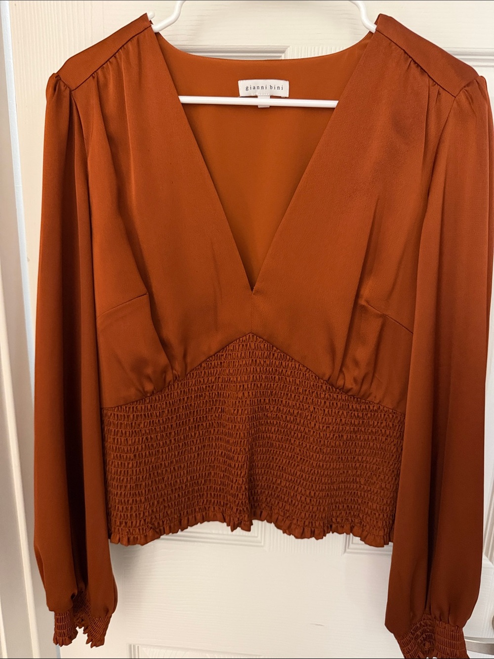 Gianni Bini Rust V-Neck Smocked Waist Blouse